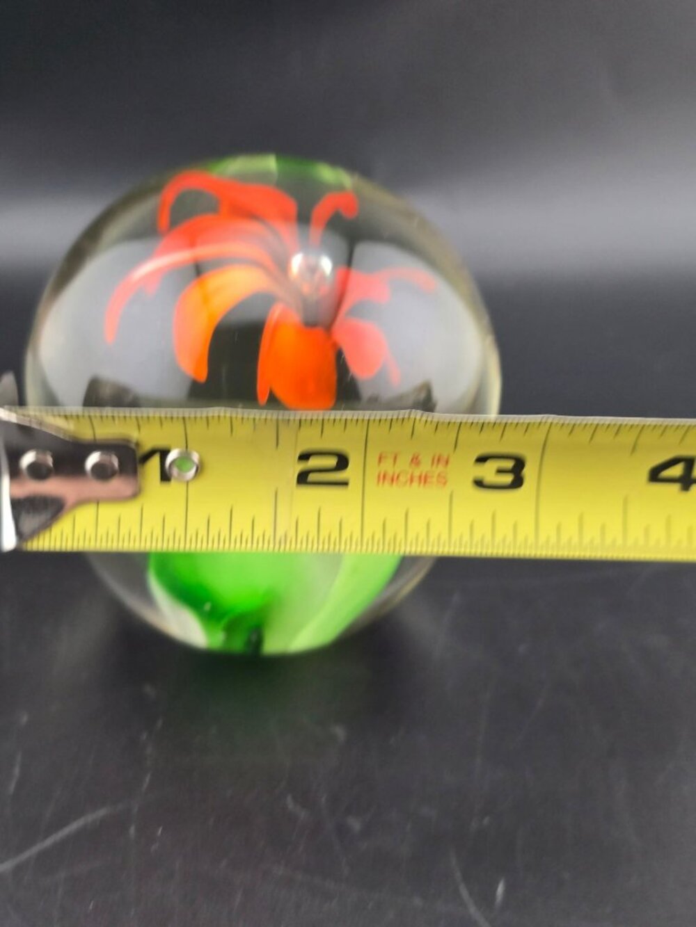 Handcrafted Clear Glass Paperweight With Orange Flower Design & Green Leaves - Picture 12 of 15